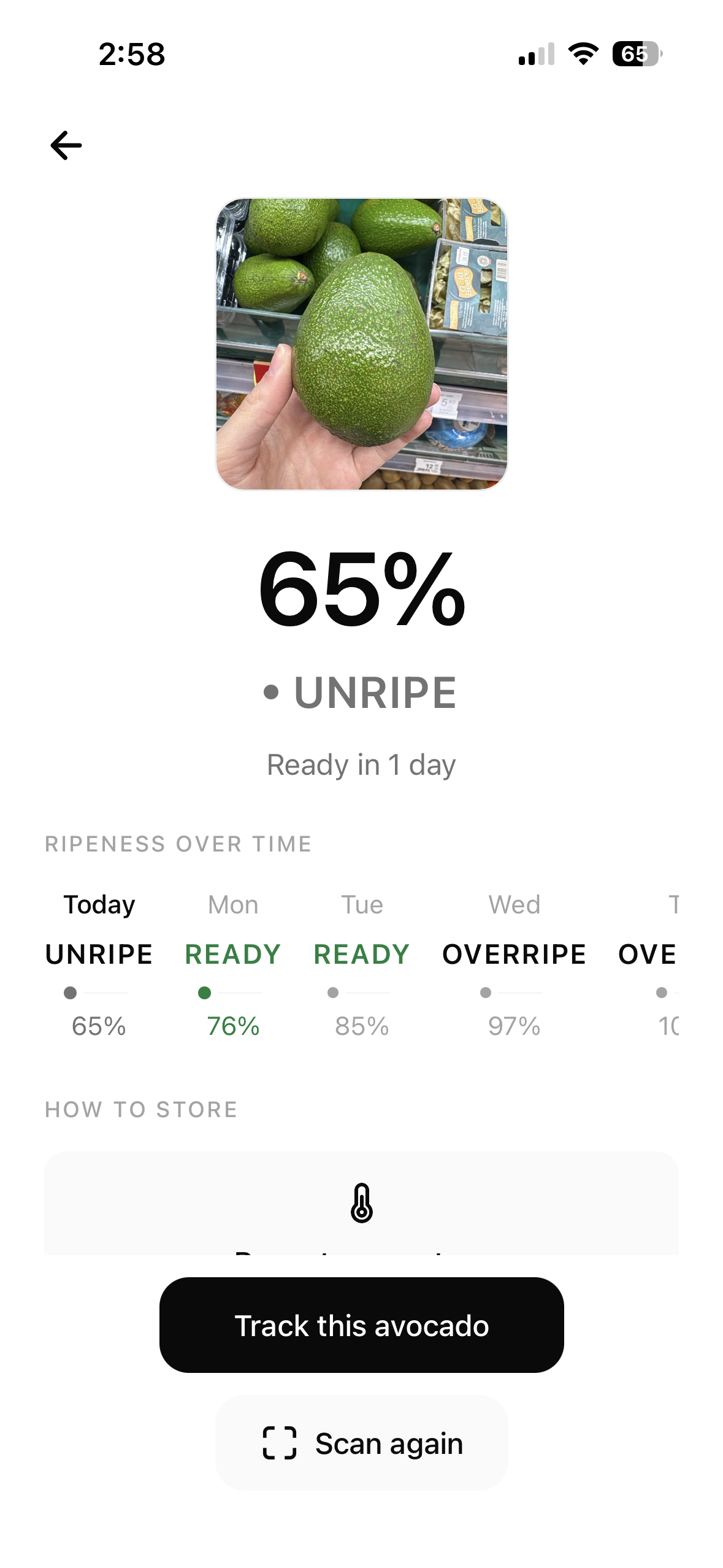 Riped app: avocado photo, 65% unripe, ready in one day, ripeness-over-time timeline, and storage tips.
